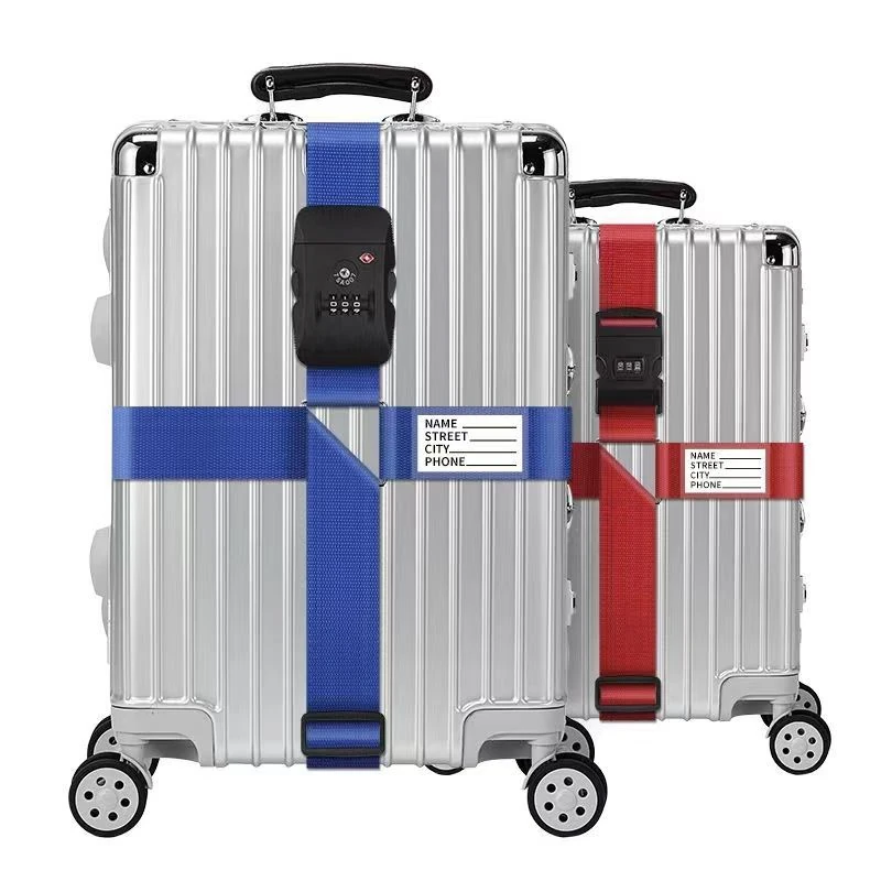 Cross-strap application for HL-001: Blue and red cross straps shown on suitcases. Different buckle variants are pictured; confirm your selected configuration.