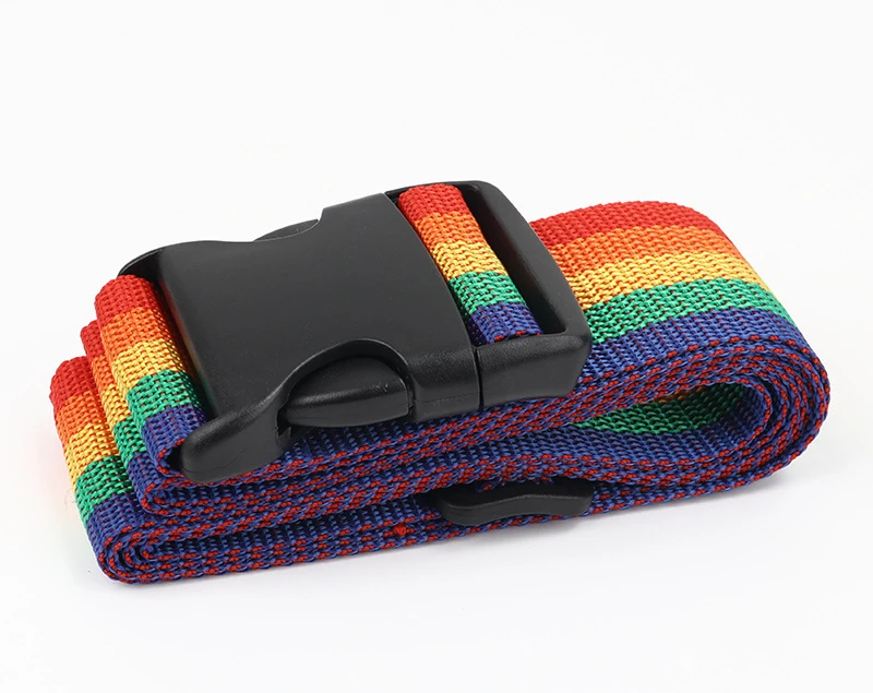 Rainbow plain-buckle variant for HL-001: Rainbow webbing with a plain side-release buckle, shown folded. This variant has no combination lock.