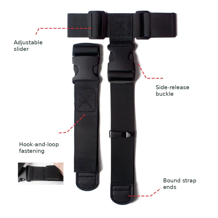 Hardware and fastening for HL-012: Original black connector components with adjustable sliders, side-release buckles, hook-and-loop fastening and bound strap ends. Only the surrounding explanatory labels have been changed to English.