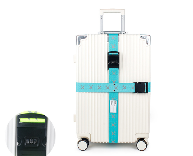 Turquoise combination-lock variant: original product photograph. Turquoise cross-format strap with visible three-digit lock; confirm exact buckle selection.