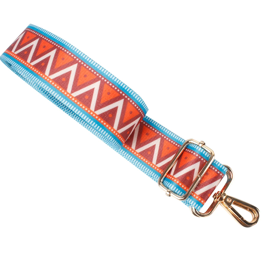 Geometric printed variant for HL-064: Orange and blue geometric webbing with its original metal slider and swivel hook.
