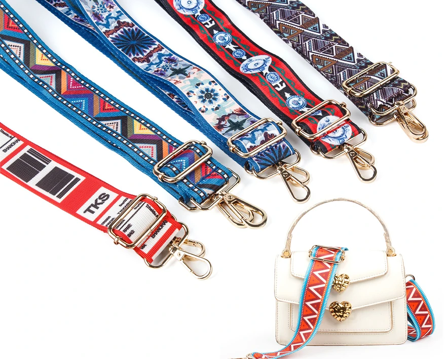 Pattern collection for HL-064: Original patterned shoulder straps with metal adjustment sliders and swivel hooks. Bag shown as a styling reference.